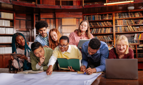 A group of students studying in a library